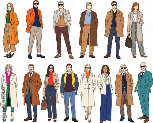 Collection of flat vector fashion characters wearing stylish autumn and winter coats including trench coats blazers and professional business suits