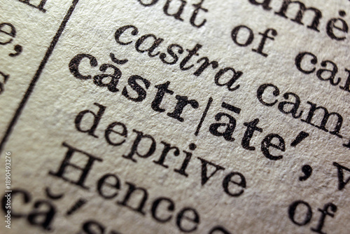фотографія Word castrate printed on dictionary page, macro close up