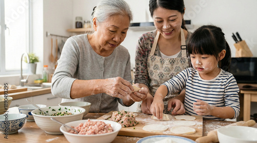 Smiling multigenerational asian women preparing celebratory dumplings for chinese new year feast within cozy kitchen interior