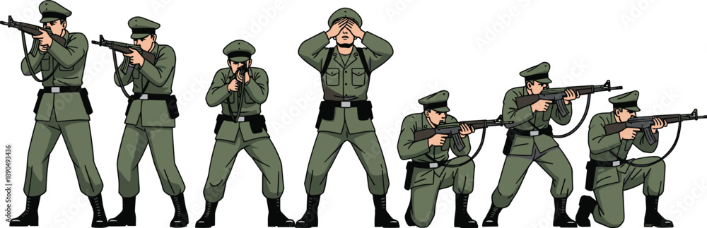 Fototapeta premium Set of flat vector military soldiers in green uniforms featuring various combat poses including aiming rifles kneeling and standing alert