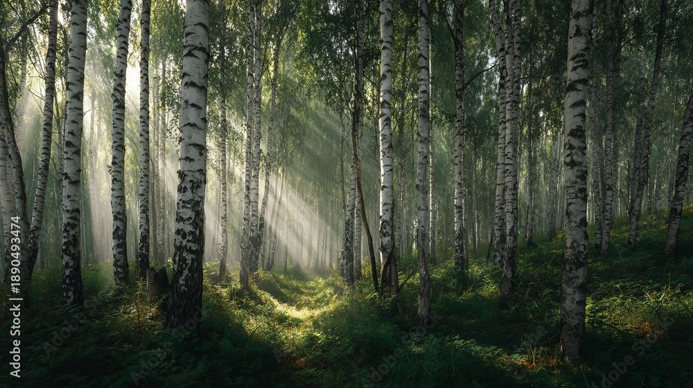 Obraz premium A serene forest landscape with sunlight filtering through the trees