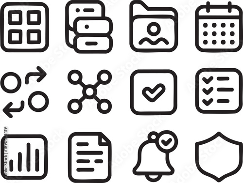 Twelve black and white representing various technology and business functions on a white background