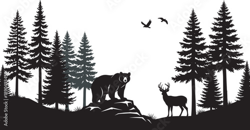 Black silhouette of wild nature forest landscape with grizzly bear on a rock deer and pine trees isolated on white background for wildlife adventure