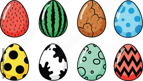 Set of colorful decorative eggs with various patterns including watermelon dragon cracked stone polka dots and zig zag cartoon illustration