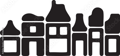 Black and white abstract text in a stylized font with geometric shapes and rounded edges