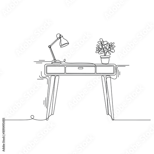 Minimalist desk line art with lamp and plant. Non editable stroke