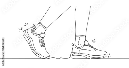 Minimalist line art of athletic sneakers on moving feet. Non editable stroke