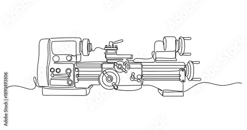 Continuous line drawing of a lathe machine in minimalist style. Non editable stroke