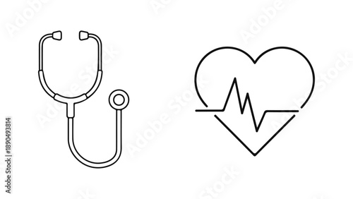 Stethoscope and heart symbol with electrocardiogram line isolated on white background, Vector, illustration