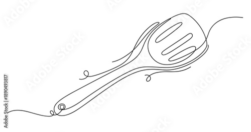 Minimalist line art of cooking utensil: slotted spatula on white background. Non editable stroke