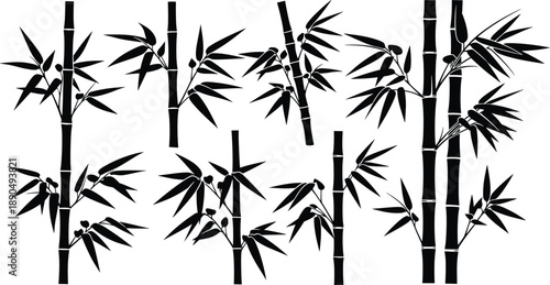 Set of black bamboo stalk and leaf silhouettes isolated on white background for zen nature or oriental style graphic design
