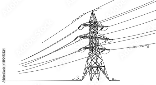 High voltage power lines and transmission tower on white background. Non editable stroke