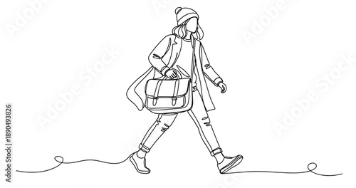 Line art of female in casual winter wear carrying bag. Non editable stroke