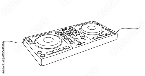 Line art dj controller with turntables and mixer. Non editable stroke