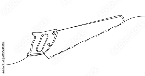 Line drawing of a hand saw with serrated blade and wooden handle. Non editable stroke