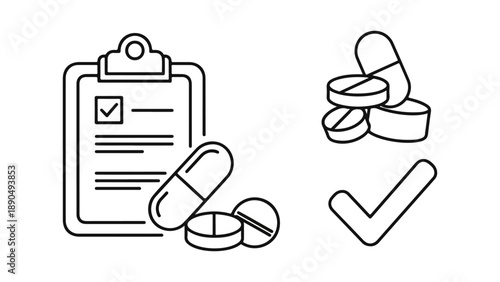 Medical prescription with pills and a checkmark icon isolated on white background, Vector, illustration