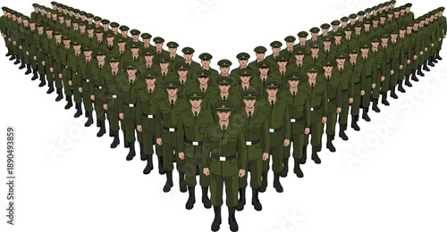 Large group of soldiers in green military dress uniforms standing in V shape formation for parade or official army ceremony