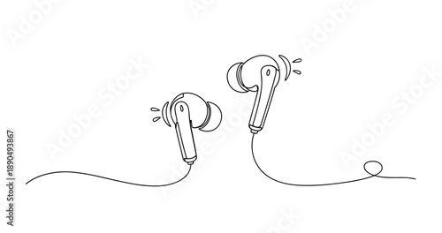 Minimalist line drawing of wired earphones with sound waves. Non editable stroke