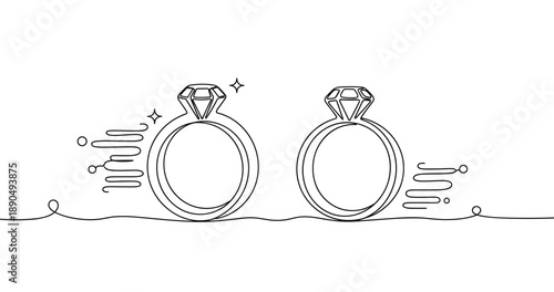 Elegant continuous line drawing of two engagement rings with diamonds. Non editable stroke