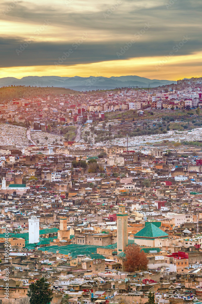 Fototapeta premium Morocco, the Medina of Fes el Bali, aerial view of the old town at the first light of dawn