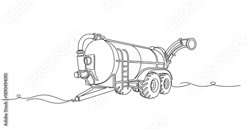 Line art of industrial tanker truck with hose at construction site. Non editable stroke