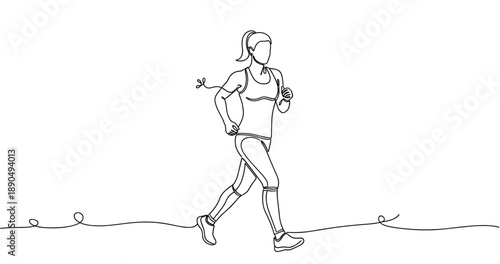 Line art of young caucasian female running in athletic outfit. Non editable stroke