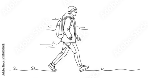 Continuous line drawing of young male walking with backpack. Non editable stroke