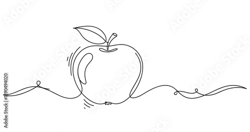 Continuous line drawing of apple with leaf. Non editable stroke