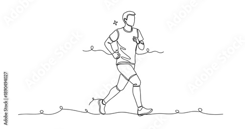 Continuous line drawing of caucasian young adult male jogging outdoors with earphones. Non editable stroke
