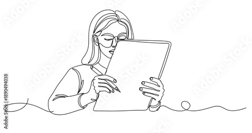Female adult drawing outline wearing glasses viewed from front with long hair and tablet. Non editable stroke