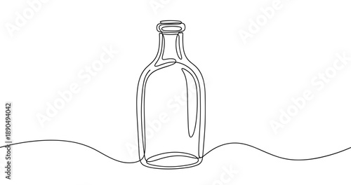 Minimalist line drawing of a transparent glass bottle on a white background. Non editable stroke