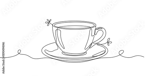 Minimalist line art of tea cup and saucer with decorative elements. Non editable stroke