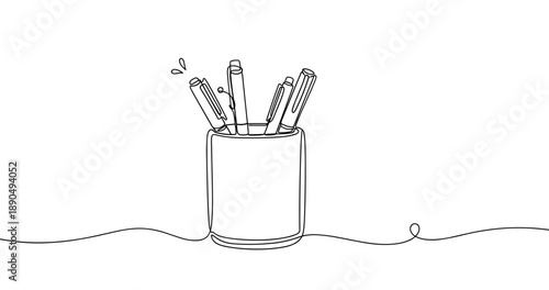Minimalist line drawing of a pen holder with pens and pencils. Non editable stroke