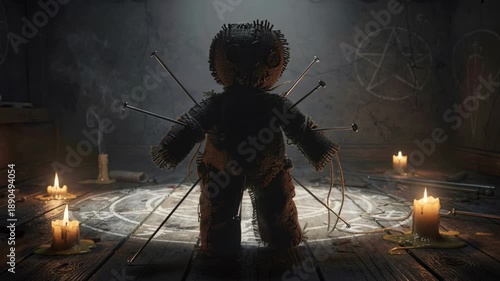 Dark and moody voodoo doll ritual scene with a focus on fear, mystery, and the supernatural. Image depicts a doll stuck with needles, encircled by candles and ritual symbols, ideal for occult themes