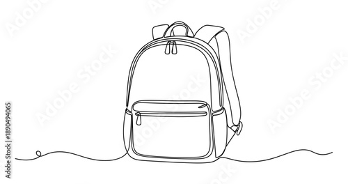 Minimalist line art of backpack with front pocket and zippered compartments. Non editable stroke