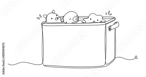 Cute cartoon animals in a toaster: adorable pig, chicken, bear line art illustration. Non editable stroke