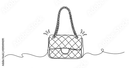 Elegant quilted handbag line art with chain strap design. Non editable stroke