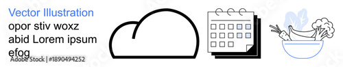 Cloud storage, digital planning, time management, healthy lifestyle, daily routines, and meal prep . Icons of a cloud, calendar and bowl of fruits and vegetables. Cloud storage and digital planning