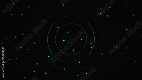 Exploring a digital illustration of teal and red dots surrounding concentric circles against darkness, captured from a front view in mysterious space
