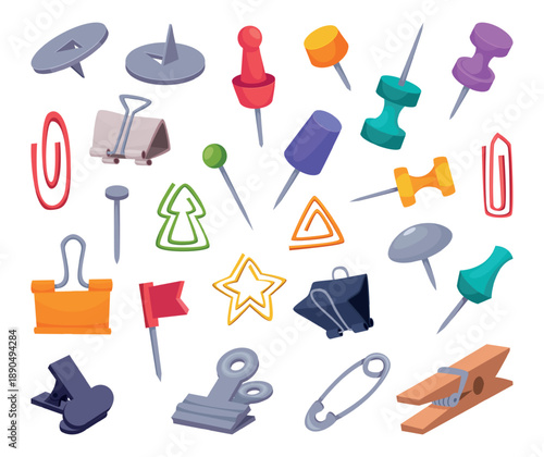 Stationery items. Pins document clip and pointers exact vector cartoon set isolated