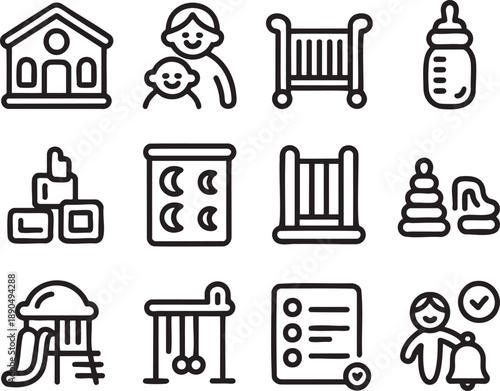 Black and white of childcare activities and including a house, baby crib, baby bottle, blocks, and a person with a baby