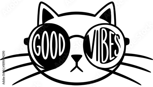 Cool Cat Wearing Sunglasses with Good Vibes Typography, cat illustration, cool cat, cat face, sunglasses, good vibes, positive quote, typography, fun graphic, trendy design, cute animal, pet, kitten, 