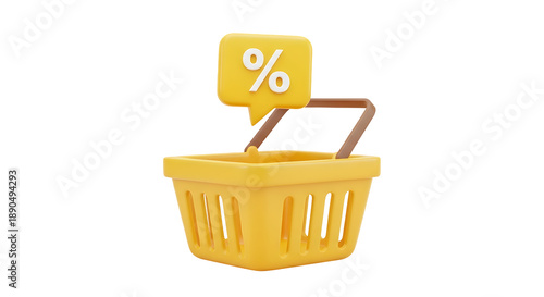 3d illustration of a yellow shopping basket with a discount percentage sign on a transparent background isolated on transparent background