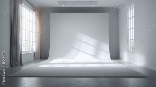 Wallpaper Mural Empty white photo studio with natural light from windows and curved backdrop for product mockup Torontodigital.ca