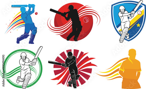 Collection of cricket player action silhouettes with dynamic colorful swirls sports shields and championship icons flat vector illustration