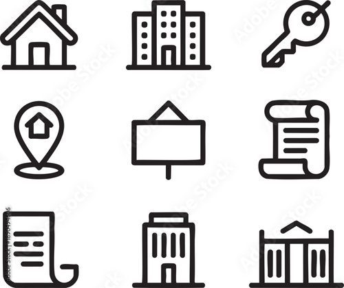 Black and white of houses buildings keys documents and signs related to real estate and property