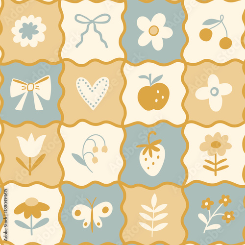 Cottage core checkered grid seamless pattern. Hand drawn cute nostalgic print with blue and yellow flowers, bows. Playful whimsical pattern for kitchen textile, blanket, tablecloth.