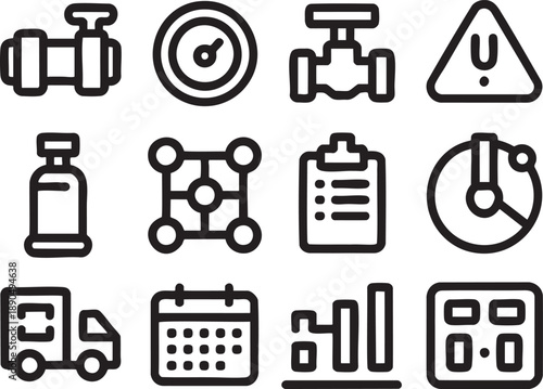 Black and white of industrial equipment, gas cylinders, and measurement tools