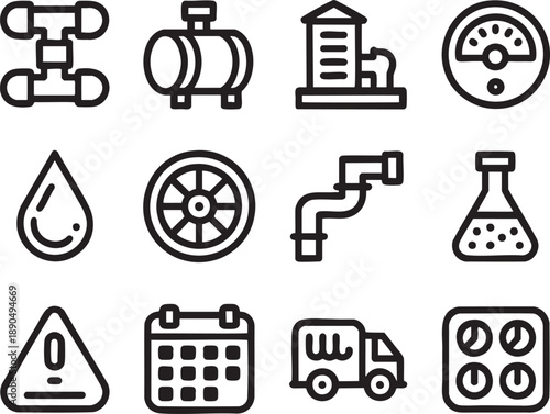 Black and white of industrial equipment, laboratory tools, and transportation vehicles on a white background