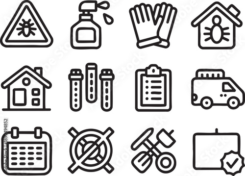 Black and white of pest control services including spray bottles, gloves, and inspection tools